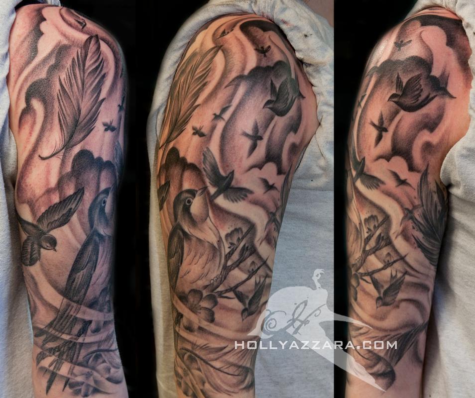 Birds and feathers half sleeve by Holly Azzara: TattooNOW